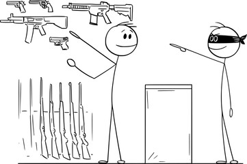 Wall Mural - Criminal Buying Rifle in Gun Shop , Vector Cartoon Stick Figure Illustration