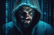 © ArtCraft - Hacker on blue digital background. Dangerous hacker. Cyber attack, breaking and malware concept. Dark background. Futuristic holographic interface to display data. Cyber security. Generative ai