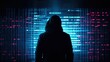 © ArtCraft - Computer hacker in hoodie with matrix code instead his face on blue digital background. Data thief, internet fraud, darknet and cyber security concept. Generative ai