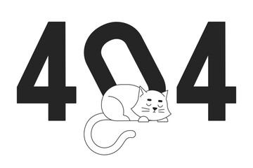 Fototapete - Sleeping white cat black white error 404 flash message. Tilted zero number. Lazy cat. Monochrome empty state ui design. Page not found popup cartoon image. Vector flat outline illustration concept