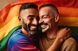 © ArtCraft - Happy homosexual men or gay couples are embracing and smiling together with a rainbow flag. Concept of LGBTQ pride. Generative AI