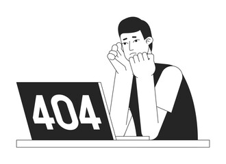 Poster - Laptop frustration black white error 404 flash message. Asian young student stressed. Monochrome empty state ui design. Page not found popup cartoon image. Vector flat outline illustration concept
