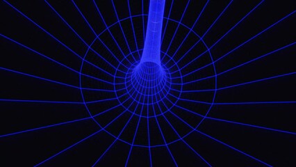 Poster - a wire-frame grid that is dynamic and has neon lights moving throughout it.continuous looping space tunnel with wireframe holes. optical trick. rendering in 3D. 4K UHD