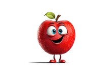 3D Red Apple Funny Cartoon Character With Eyes On White Background Generative AI Illustration