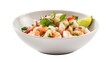 A colorful plate of ceviche with shrimp, lime, and cilantro on White Background with copy space for your text created with generative AI technology