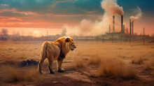 Illustration From  Lion Standing Upfront Factory In Savanna With Smoke With Copy Space  Created With With Generative AI
