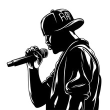 Hip Hop Singer Or Rapper Singing Vector Illustration, Hip Hop Rap Artist Wearubg A Hat And Holding A Mic Black And White Vector Image