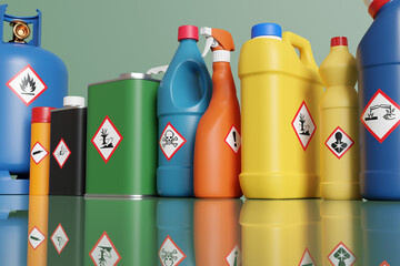 plastic bottles and metallic tins having with different hazardous warning labels. illustration of th