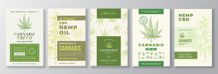 Wall Mural - CBD Hemp Oil Vector Package Labels Bundle. Modern Typography and Hand Drawn Cannabis Plant Branch with Leaves Sketch Illustrations Collection. Background Layouts with Seamless Pattern Design Isolated