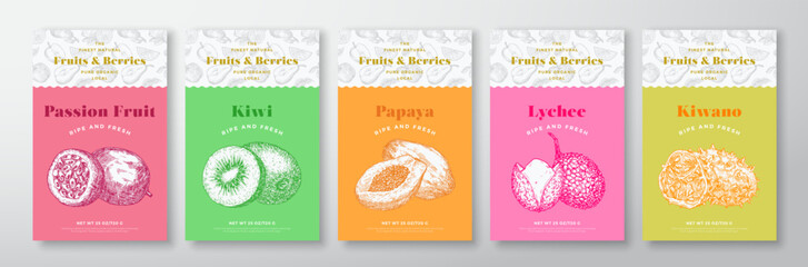 Wall Mural - fruits and berries pattern label templates set. vector packaging design layout collection. modern ty
