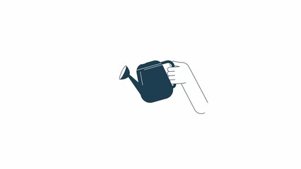 Poster - Hand holding watering can animation. Animated isolated 2D plant waterer. Cartoon colour flat line first view hand 4K video footage, white background, alpha channel transparency for web design