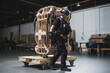 American engineer is testing a futuristic bionic exoskeleton and picking up objects in a industry factory. Contractor is heavy lifting parts in a powered shell, created with Generative AI