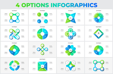 Poster - Set of cycle diagrams with 4 options, steps or processes. Circles, squares and other abstract elements for infographic