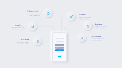 Aufkleber - Smartphone with mobile applications. Light neumorphic infographic slide illustration