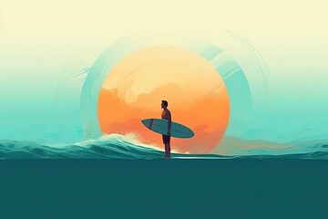 light watercolors surfer on beach