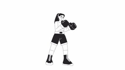 Poster - Animated bw kickboxing woman. Girl boxer punching isolated 2D animation. Caucasian girl boxing. Cartoon monochrome thin line character 4K video footage, alpha channel transparency for web design