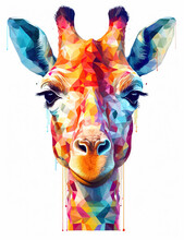 Giraffe Painted With Geometric Shapes On A White Background. Created With Generative AI