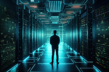 man with standing in server room of large data center. Concept of computer engineering and big data in business. Ai generative