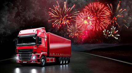 Wall Mural - truck at night with fireworks in the background . new year wishes with fireworks and space for text 