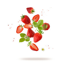 Fresh Sweet Strawberry Berries With Flower And Leaves Flying Falling Isolated On White Background.