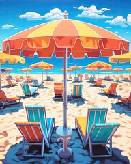 Wall Mural - Capture the essence of summer with a vibrant beach scene, showcasing clear blue waters, golden sand, and colorful beach umbrellas generated AI