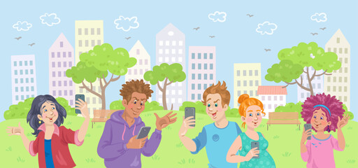 Sticker - Young people walk in the city park with smartphones in their hands. They take selfies, talk, use the internet. Summer landscape. In cartoon style. Vector illustration