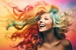 Smiling young woman with colorful long curly hair, bright rainbow colors. Generative AI