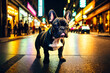 Digital photo of a cute French bulldog walking on the Paris nights street. Generative AI