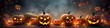 Halloween illustration with a set of yellow pumpkins over mystery forest background with smoke. Spooky pumpkins with scary and smiling faces. Halloween background. Holiday banner. Generative AI