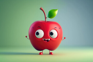 Cute red apple 3d cartoon character. Ripe fruit with big eyes. Funny apple mascot. Generative AI 3d render illustration imitation.