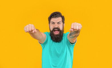 Wall Mural - portrait of brutal man with beard shout in studio background isolated on yellow