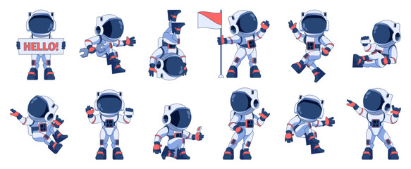 astronaut character set. cartoon space explorers in different poses, cosmic spacemen in suits and he