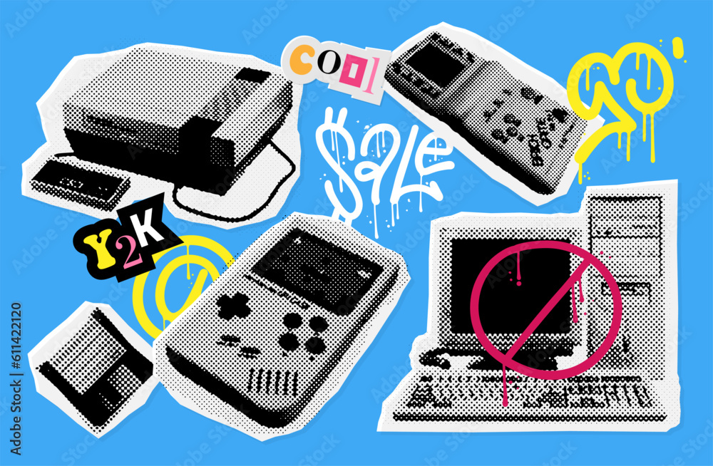 Vetor Set of retro video game console, pc, gamepad, floppy. 90s ...