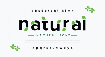 Universal font. Organic nature style alphabet. Medicine business logo design. Modern vector typeface with letters, numbers