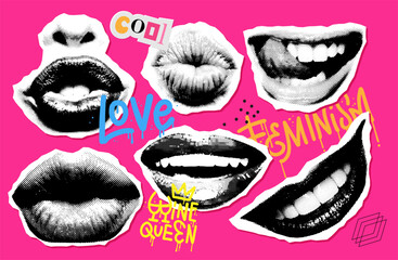 Collage mouth set with grunge lettering elements. Halftone lips for banner, graphic, poster, illustration. Vector illustration of kiss, smile, tongue, open mouth. Texture elements sticker kit.