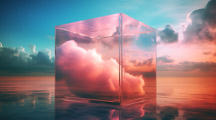 Sticker - a glass box with suns and clouds above it, in the style of synthwave. Generative AI.