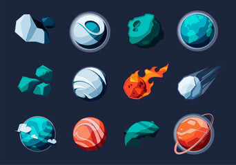 Wall Mural - planets and asteroids. sci-fi universe cartoon rock meteorites, funny game user interface asset of c