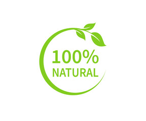 100% natural vector logo design. 100% natural sign with green leaves.