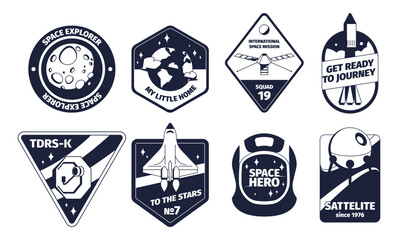 vintage space emblem. retro monochrome labels with galaxy rocket shuttle stars and planets, classic 