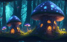 Fairy Houses In Fantasy Forest With Glowing Mushrooms. Digital Artwork. Ai Generative