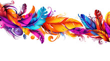 Border With Decorative Ornate Feathers In Bright Colors, Generative Ai