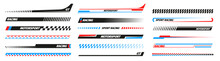 Sport Racing Stripes. Turbo Power, Speed And Drift Vinyl Decal For Car Bike And Truck. Vector Race Car Stickers Isolated Set. Vehicle Red And Blue Tuning, Motor Transport Modification