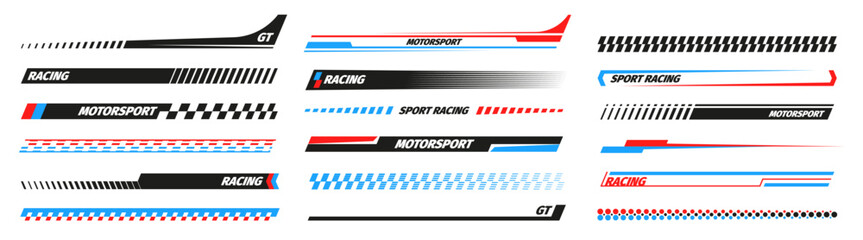 Sport racing stripes. Turbo power, speed and drift vinyl decal for car bike and truck. Vector race car stickers isolated set. Vehicle red and blue tuning, motor transport modification