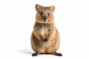 A friendly quokka sitting on its hind legs on white background. Generative AI.