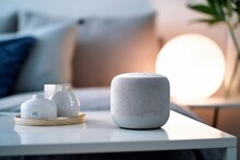 A White Amazon Echo Device Sits On A Table In A Bedroom. Generative AI