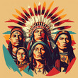 Indigenous people on abstract multicolored background. Indigenous people wearing headdress. Indigenous people face paint