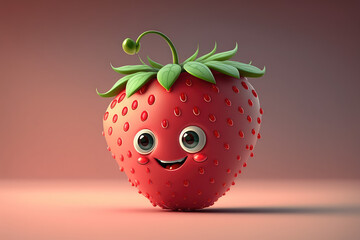 Sticker - Cute pretty strawberry 3d cartoon character. Ripe strawberry with big eyes. Funny ripe berry mascot isolated on flat background with copy space. Generative AI 3d render illustration imitation.