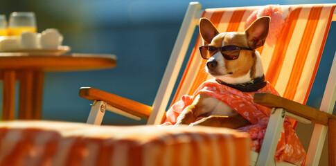 Poster - beach dog vacation sunglasses lazy pet summer funny relax chair. Generative AI.