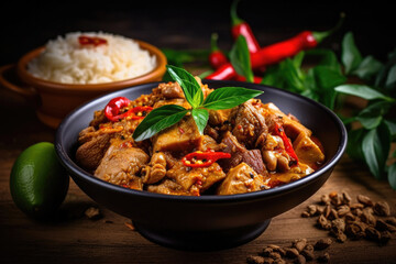 spicy thai curry with pork meat serving with rice and decorating with herbal vegetable ingredients l
