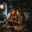 © Lucky Fenix - Mother and daughter helping each other to cook in the kitchen happily, they are laughing and smiling.. Family teamwork. Homemade food and little helper.